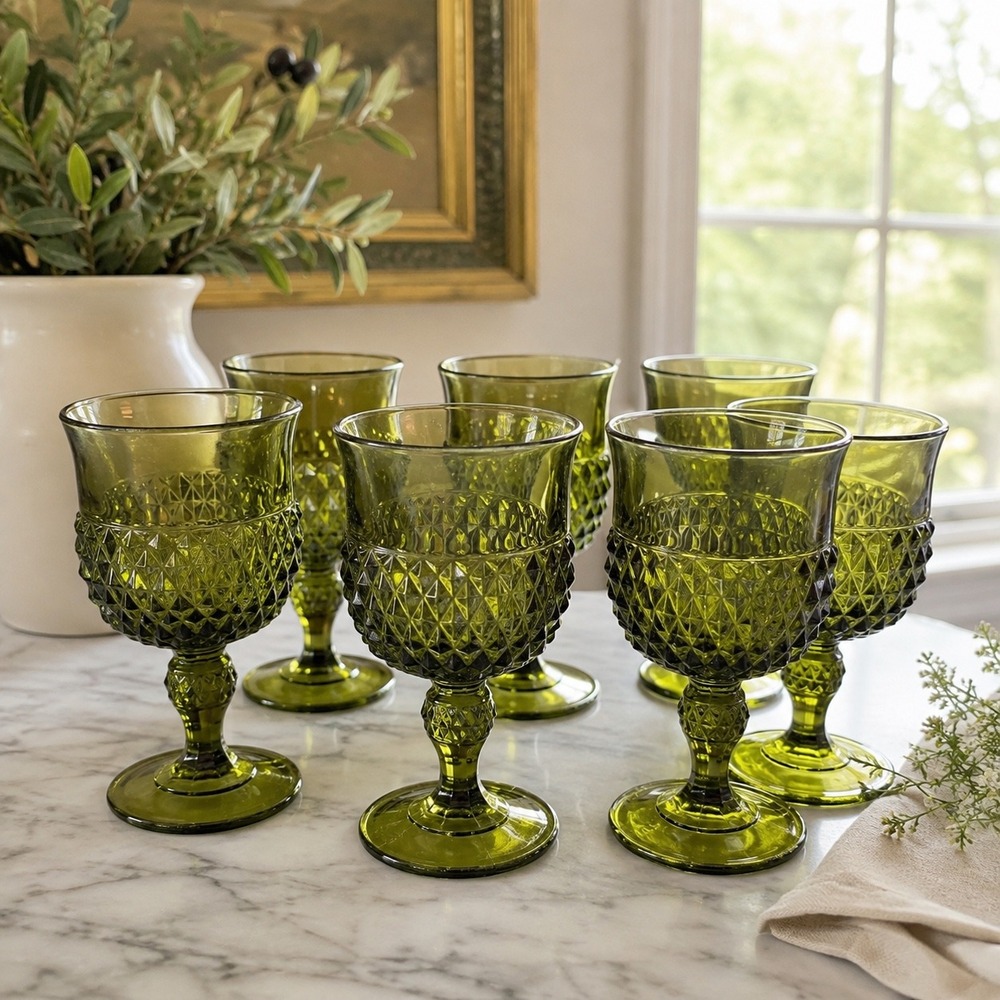 Set of 6 Vintage Olive Green Diamond Point Glass Goblets Water Wine Glasses